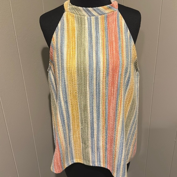 Anthropologie (W5) muted stripe nubby tweed button back halter top. XL. - Picture 1 of 5